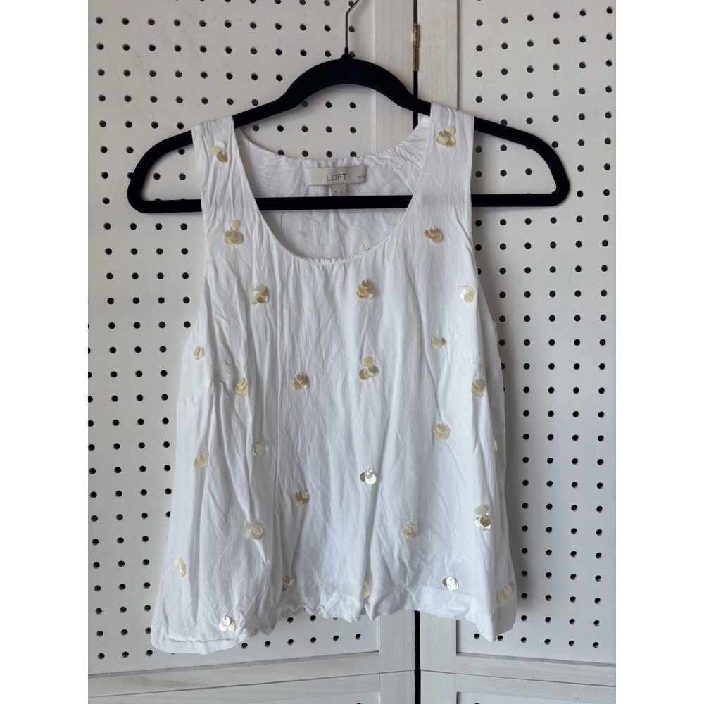 LOFT Women's SP White Viscose Tank Top Lined Pearl Bead Sequin Embellished Shirt